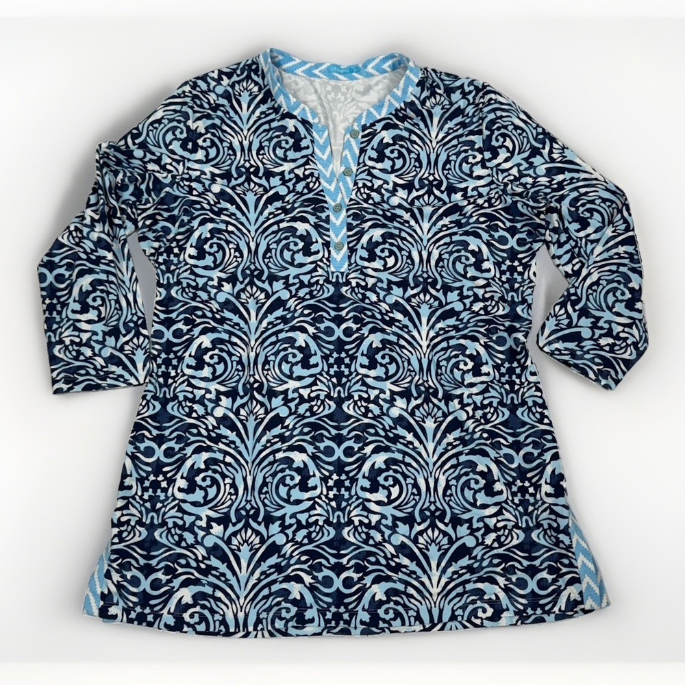 J. McLaughlin XL Blue/White Floral V-Neck 3/4 Sleeve Stretch Tunic Dress